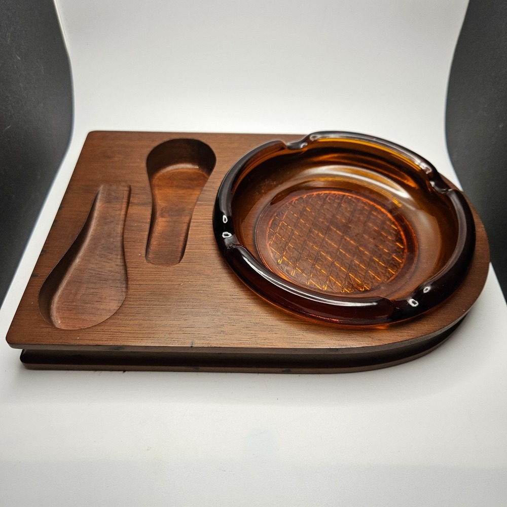Vintage Wooden Pipe Holder w Amber Glass Ashtray Made in Philippines Mid Century